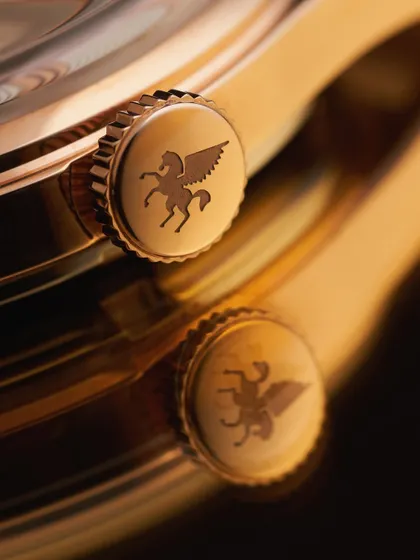 It's all in the details. This macro shot of the Argos crown shows the brand's Pegasus logo with perfect sharpness. Capturing such a tiny, engraved detail requires precise focus and lighting to make it stand out.