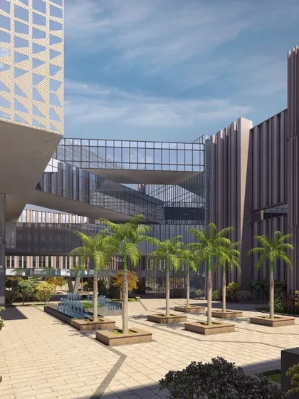 This courtyard at a university in Mohali demonstrates how we integrate green spaces within a dense architectural footprint. The interconnected bridges and walkways create dynamic visual links and physical pathways between buildings, fostering a sense of a unified campus.