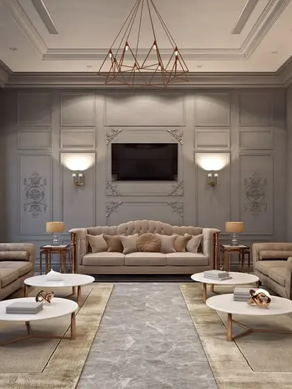 The main drawing room designed for large gatherings, featuring symmetrical furniture layouts and sophisticated grey wall paneling.