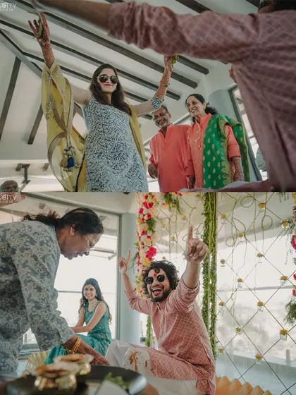 The entire family getting involved in the Haldi fun, dancing and celebrating around the couple. We document the collective joy of the day.