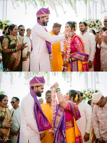 A collage of the Varmala (garland exchange) ceremony, a moment of fun and tradition.