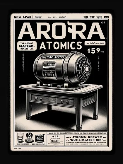 A stark, black and white product ad for an Arora Atomics reactor, designed to look like it's from an old magazine.