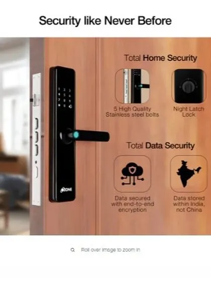 We prioritize both physical and data security. This image shows the lock's five high-quality stainless steel bolts and night latch, alongside its end-to-end data encryption and secure data storage.