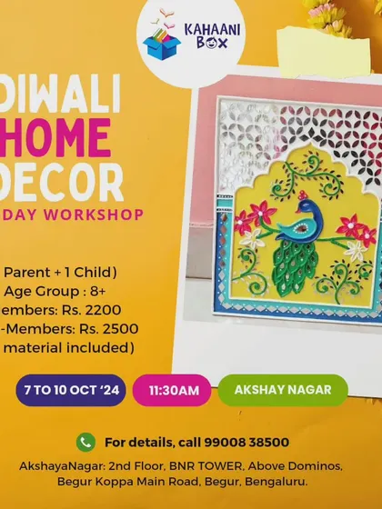 An invitation for a parent-child Diwali workshop. We love creating opportunities for families to bond while making something beautiful together, like this Lippan art wall decor.
