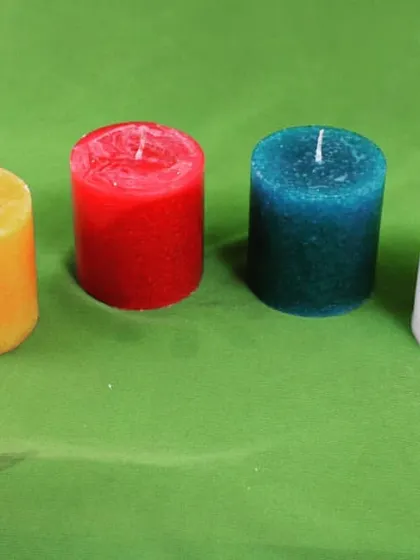 A four-color set of my small pillar candles, including yellow, red, blue, and white. These are perfect for creating colorful displays.