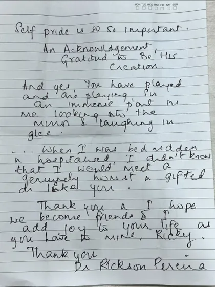 A handwritten note from a patient. Words like these are the most profound and meaningful reward a doctor can receive. It is a privilege to be a part of my patients' journeys.