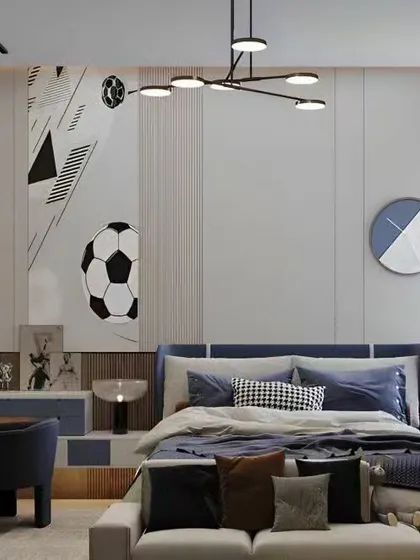 A modern, football-themed bedroom perfect for a young sports fan. The room includes an integrated desk for homework and a comfortable sofa for relaxing, making it a multi-functional and stylish space.