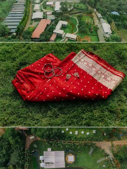 An aerial view of the lush Oleander Farms in Karjat, showcasing the beautiful, sprawling venue for this intimate destination wedding.