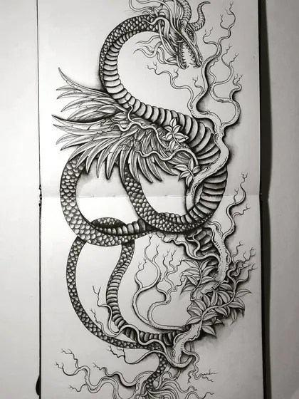 The finished dragon-snake design in the sketchbook.