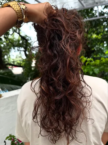 This is what we mean by "Curly and Proud." A look at the cascading curls from the back after a fresh cut and color.