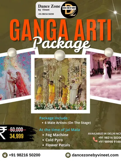 We offer specialized spiritual packages to add a divine touch to your wedding ceremonies. Our Ganga Aarti package for the Jai Mala includes six artists performing on stage, enhanced with fog, cold pyro, and a flower petal shower for a truly blessed moment.