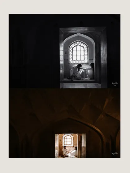 A story told through architecture and light. This diptych frames the couple within a palace window, using both black and white and warm tones to create two different moods.