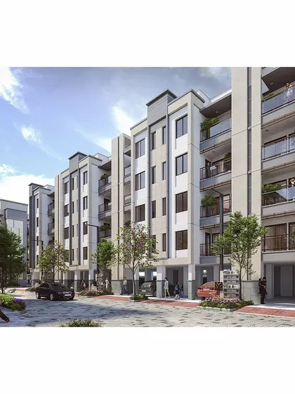 A street-level view within the Flora Avenue apartment complex. The facade design and building orientation are planned to create a pleasant and human-scale urban environment, with careful consideration for natural light and ventilation in every home.