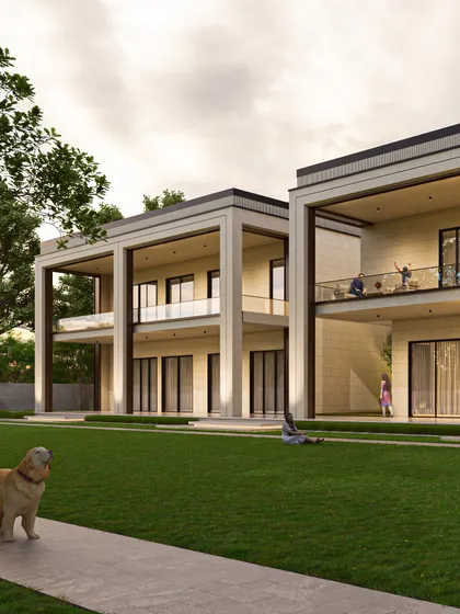 The rear of the farmhouse opens up to an expansive lawn, with deep, covered balconies on both levels providing ample space for outdoor living. The symmetrical design creates a sense of classical order and tranquility.