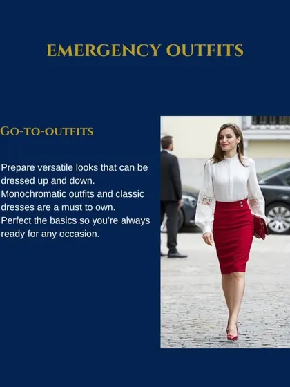 I help you create 3 go-to emergency outfits. Having versatile looks like monochromatic outfits and classic dresses ready means you're prepared for any occasion.