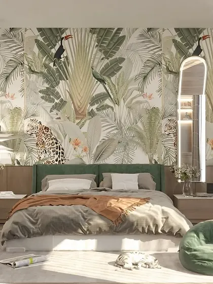 A beautiful bedroom concept with a tropical-themed wallpaper featuring toucans and leopards. This design brings the vibrancy of the jungle indoors, creating a bold and refreshing sanctuary.