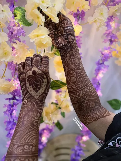 This design features the lotus motif on one hand and a more traditional pattern on the other, showing how we can mix and match different styles.