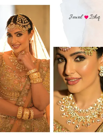 This collage shows the full 'Noor-é-jahan' look and a close-up of the stunning uncut polki necklace and earrings, highlighting their brilliant shine.