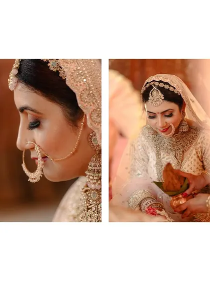 Close-up shots of the bride during the ceremony, capturing her serene expressions and the fine details of her bridal look.