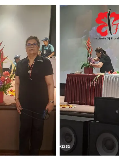 Our instructor on stage at the Rani Baug Flower Exhibition, both posing with a finished design and demonstrating a technique to an engaged audience. Live demonstrations are one of the best ways we connect with aspiring florists.