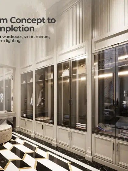 From concept to completion. We manage the entire process, delivering finished spaces like this elegant walk-in wardrobe with modular units, smart mirrors, and warm lighting.
