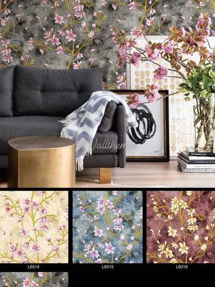 A collage showing various color options for a magnolia branch wallpaper, including grey, blue, and burgundy.