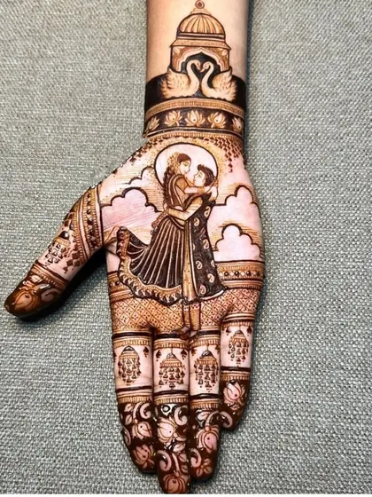 A single hand showcasing a romantic couple portrait, perfect for an engagement or a simpler bridal design.