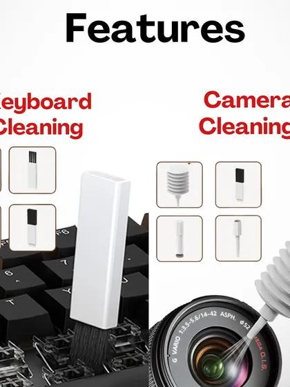 This graphic highlights the keyboard and camera cleaning tools included in the 20-in-1 smart gadget kit, like the key puller and air blower nozzle.