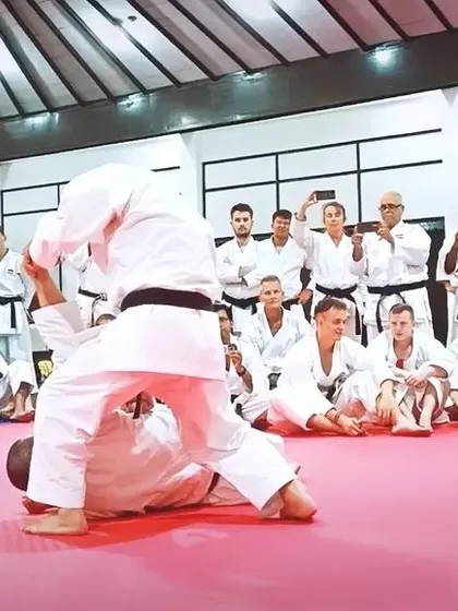 Watching a demonstration of advanced grappling and takedown techniques. These seminars are essential for continuous learning.