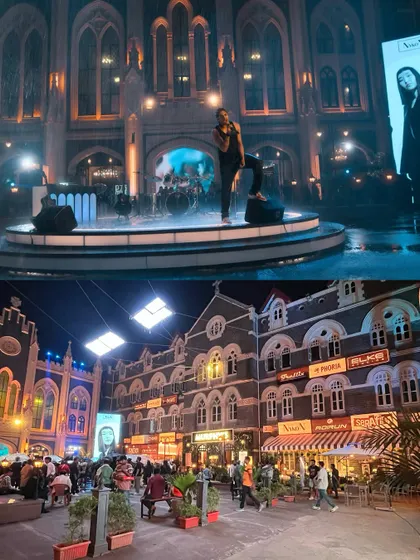 A wide before-and-after of the 'Saiyaara' street set. The bottom image shows the location in plain light, while the top shows the cinematic transformation achieved with our lighting and set dressing.