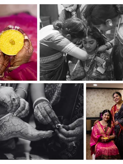 A black and white collage of the Pindhani ritual, an intimate Odia ceremony. It captures the details of the traditions and the emotional bond between the bride and her mother.