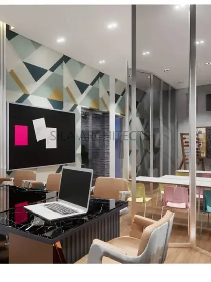 A 3D render of our design for SIP Abacus, a learning center in Basavanagudi. The design for the main office and reception area uses playful geometric patterns and a bright color palette to create a welcoming environment for children.