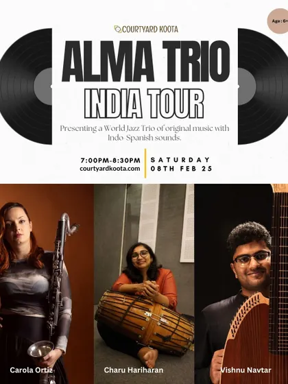 The Alma Trio India Tour poster, announcing their world jazz performance at Koota. We are proud to be a stop for international and cross-cultural music collaborations, featuring artists on unique instruments like the Navtar.