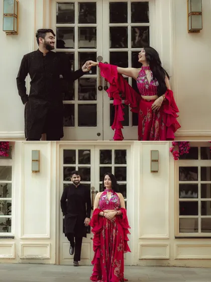 A collage from a stylish pre-wedding shoot. The couple's fashionable outfits and romantic poses create a modern and chic collection.
