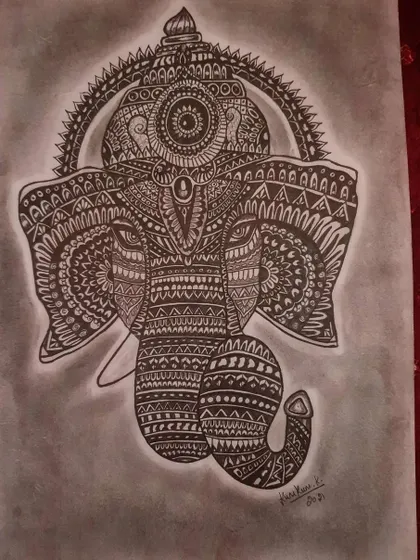 This detailed mandala drawing of Lord Ganesha is a form of meditation for me. Every line and pattern is drawn with focus and devotion. I create these intricate pieces to bring a sense of peace and spirituality into your home.