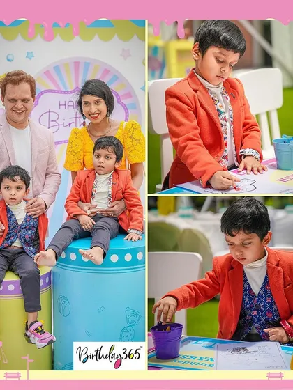 A collage showing a family enjoying the candy carnival party, with candid shots of the birthday boy and his brother.