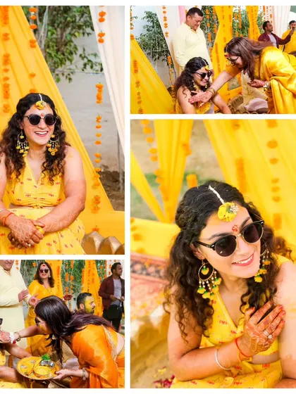 A collage of candid moments from a Haldi ceremony, showing the bride laughing as her family and friends apply haldi.