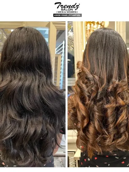 A before-and-after look at a hair highlight transformation. We took her from dark, one-dimensional hair to a brighter look with beautiful highlights and curls.