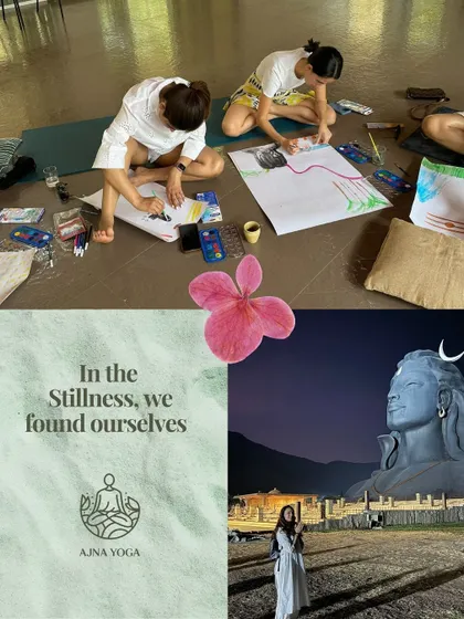 This collage captures the essence of finding stillness through creativity. The top image shows participants engrossed in their artwork during a workshop, a practice that helps quiet the mind and connect with the self.