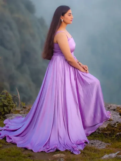 Another view of the custom lavender gown, highlighting the gathered bodice and the way the long skirt drapes. It’s a perfect example of how a simple design can be incredibly beautiful and photogenic.