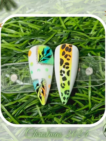 A collection of various nail art designs, from abstract and animal prints to delicate florals and 3D textures, all beautifully framed for the Christmas season.