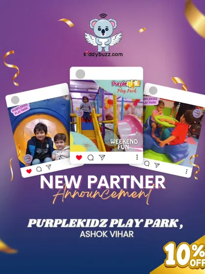 Here's a look at Purplekidz Play Park in Ashok Vihar, a perfect spot for your little ones to play and learn. This graphic highlights the fun waiting for them, and you get 10% off when booking through Kiddybuzz.