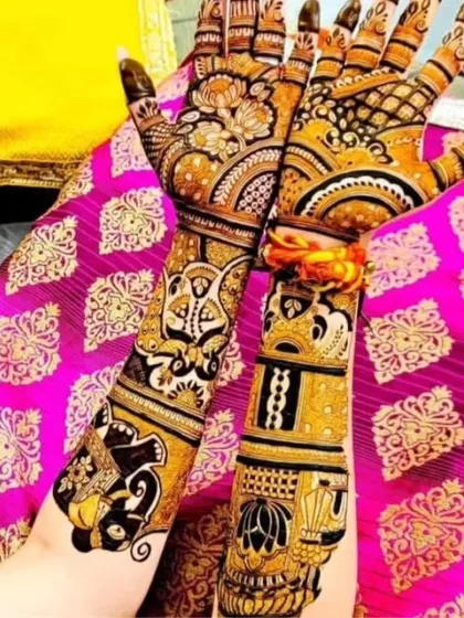A very bold and beautiful design with a striking color. The patterns are inspired by traditional Indian temple art, featuring deities and symbolic motifs.