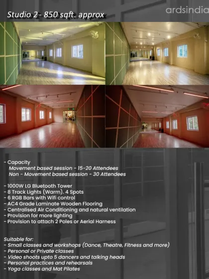 Discover Studio 2, our 850 sq. ft. space for more intimate sessions. It's ideal for private classes, solo practice, or even pole and aerial work, with a capacity of 15-20 attendees.