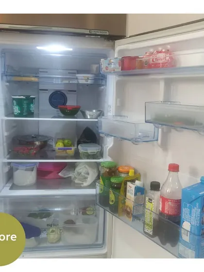 The "before" of a refrigerator. Items are placed wherever there is space, which can lead to food getting lost and expiring.