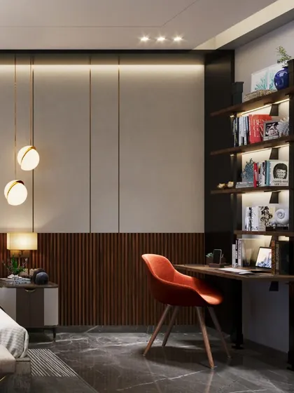 The room includes a dedicated workspace with a floating desk and backlit shelving, perfectly integrated into the overall design.
