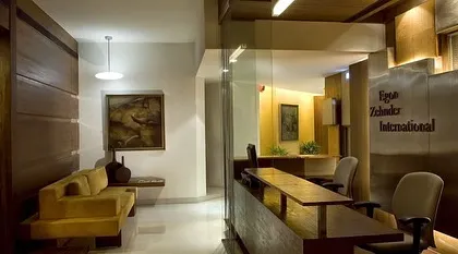 Another view of the Egon Zehnder reception, showing the clean lines and warm material palette that defined the space.