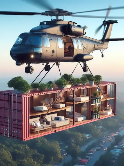 A cross-section view of a multi-level container home being delivered by air.