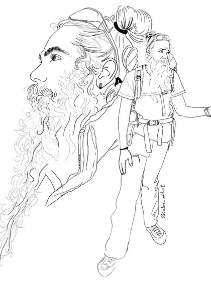 The line art for a digital illustration commemorating my Kedarkantha trek experience, combining a portrait of our guide with scenes from the journey.