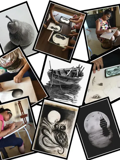Here is a collage of amazing charcoal drawings done by my students. Charcoal is a fantastic medium for learning about light, shadow, and form. From realistic objects to imaginative scenes, my students learn to create depth and drama in their artwork.